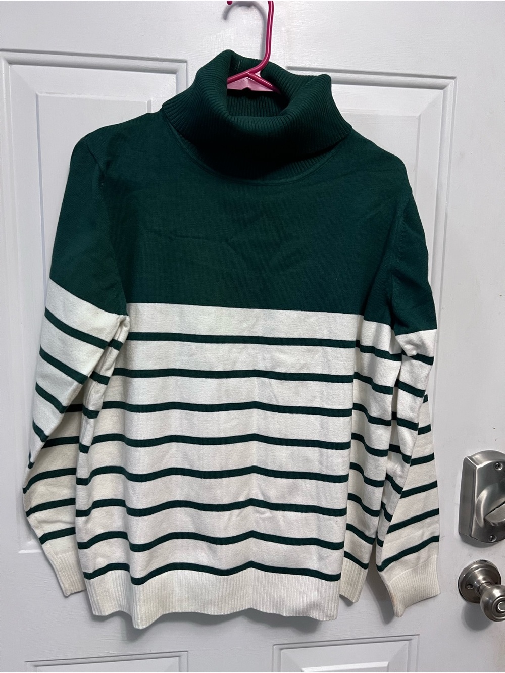 Kirundo Women’s L Green Ivory Striped Cowl Neck Sweater Colorblock Knit 8014